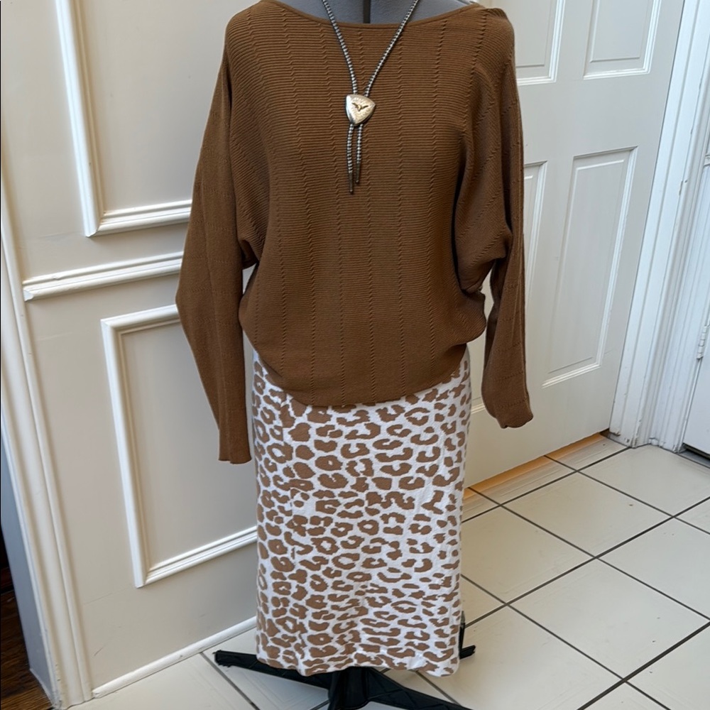 Express Cream and Brown Leopard-Print Midi Skirt